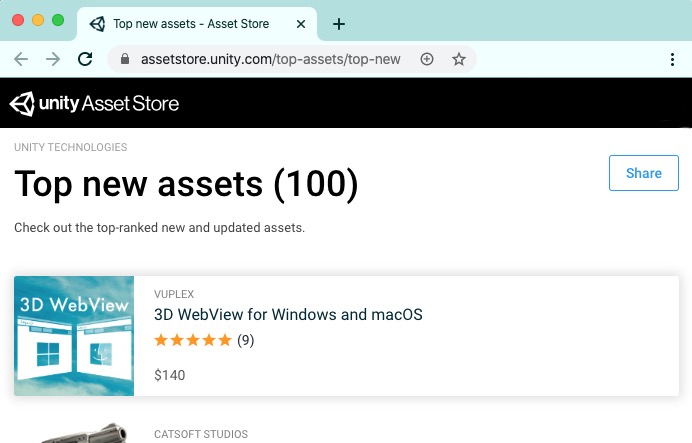 Screenshot of Unity's top new assets list